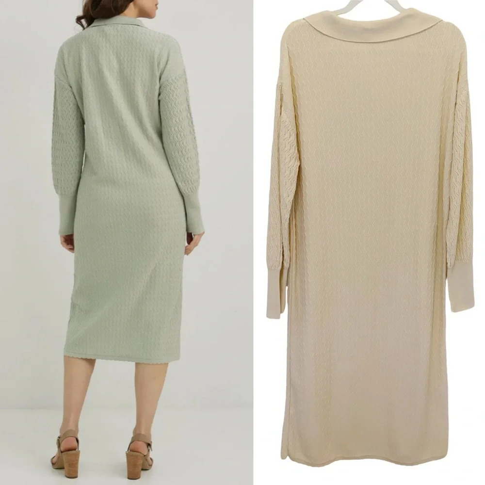 Emproved Long Polo Knit Midi Dress Natural Ivory  White Size L / XL Sustainable - Picture 2 of 6